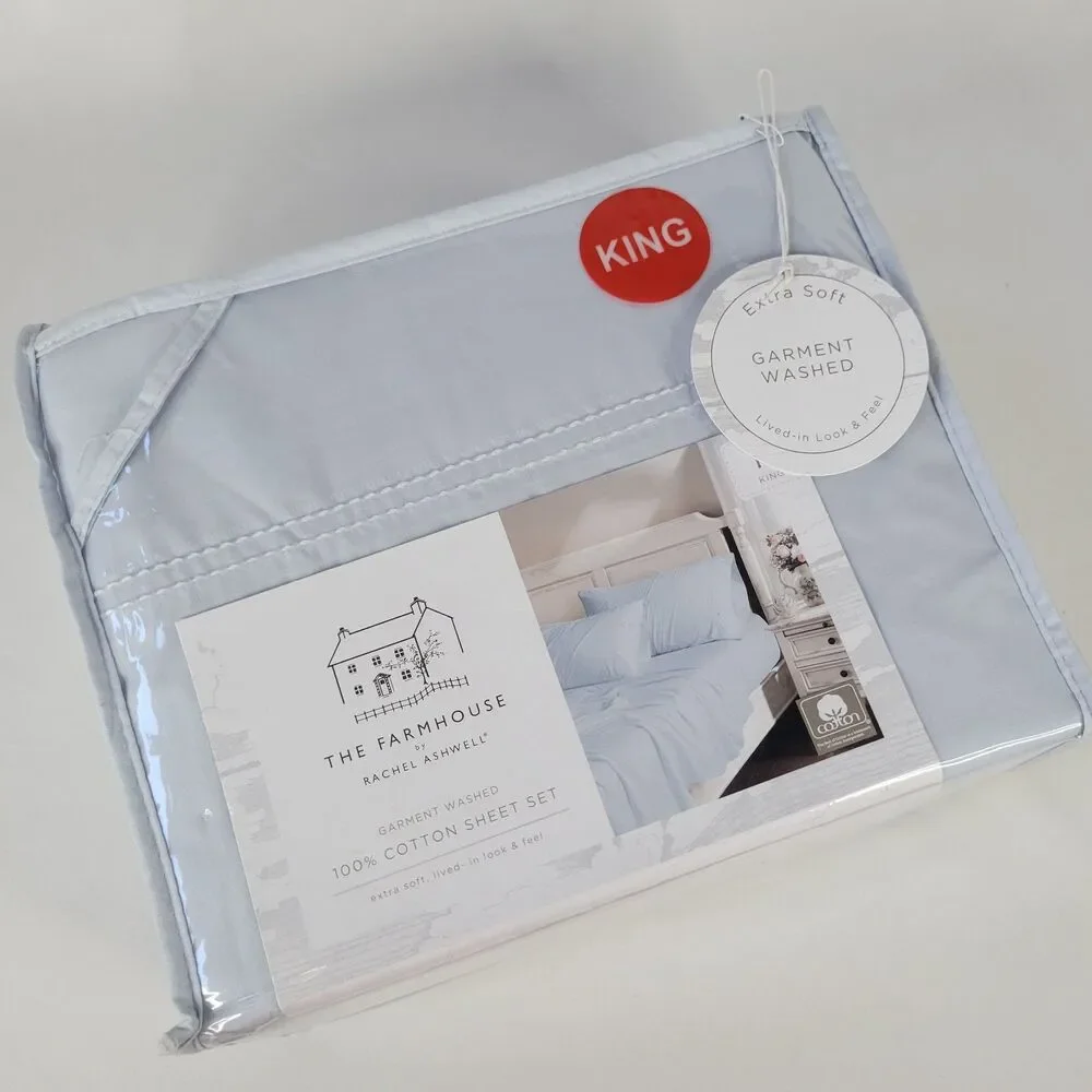 Shabby Chic 4pc KING Sheets Set Solid Light Blue Cotton Farmhouse Rachel Ashwell